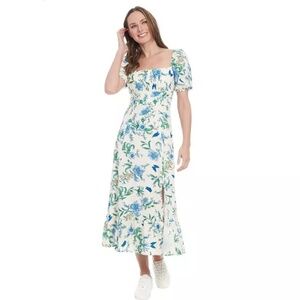 London Times Women's Floral-Print Puff-Sleeve MIDI Dress - Cream/denim Blue SZ:8